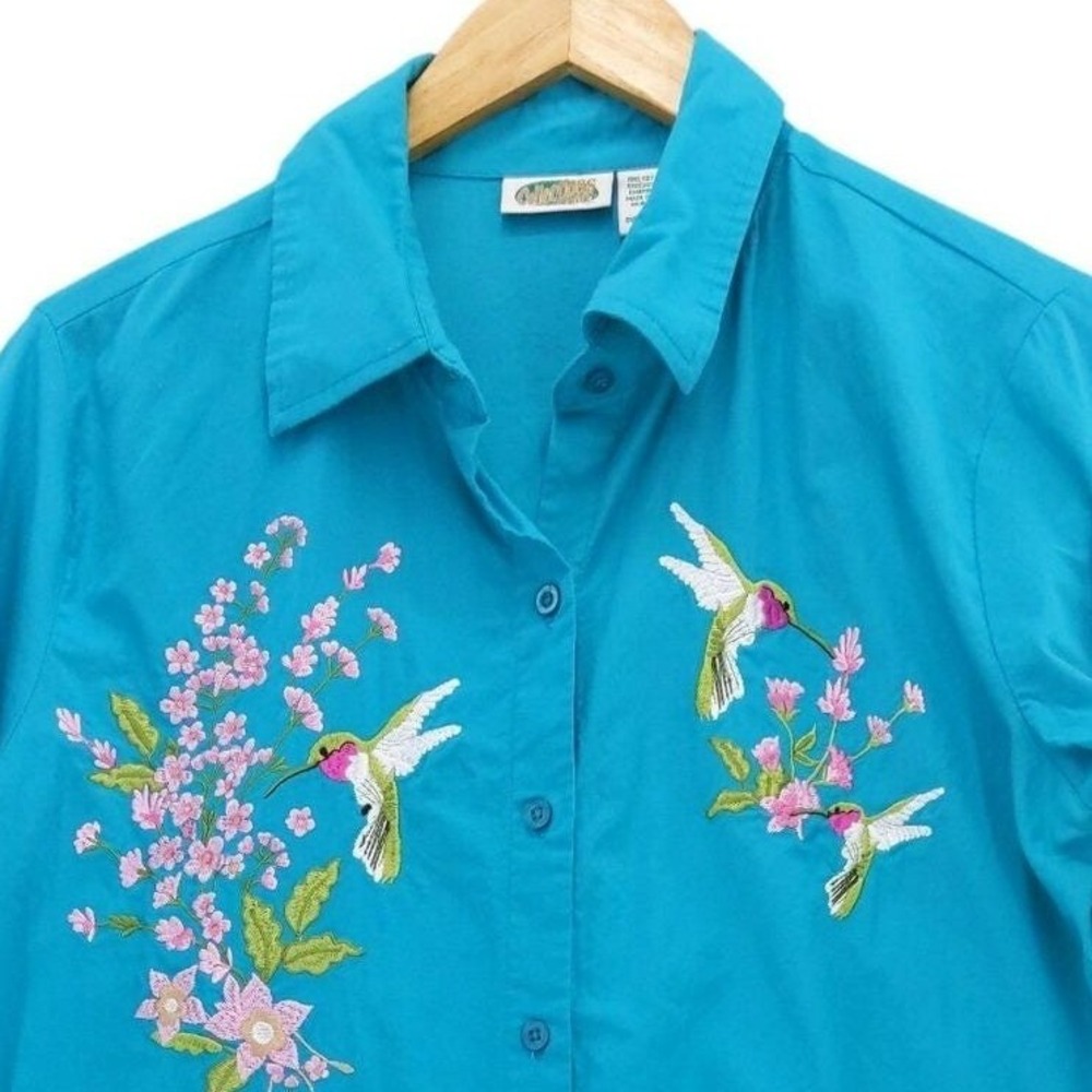vtg 90s Collections Etc Button Up Shirt Sz M Embroidered Hummingbird Floral Bird